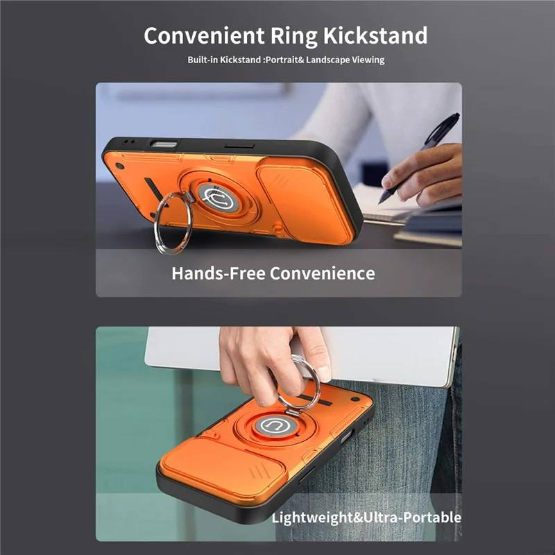 For iPhone 17 Pro Max Case Sliding Camera Cover Ring Kickstand PC + TPU Phone Shell with Tempered Glass Film - Orange