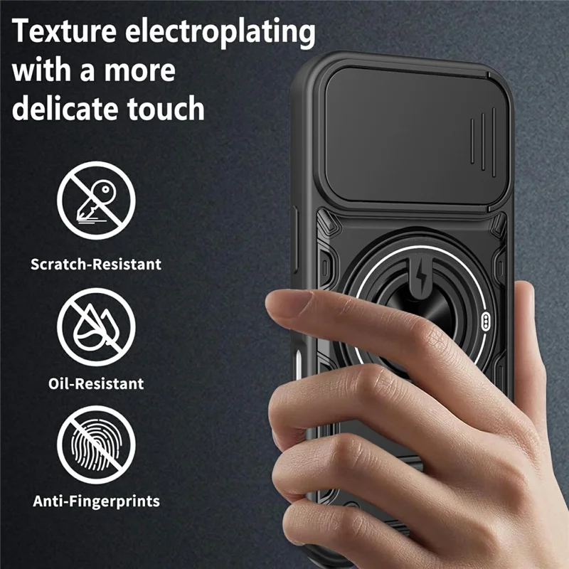 For iPhone 17 Case Sliding Camera Cover Ring Kickstand PC + TPU Phone Shell with Tempered Glass Film - Orange