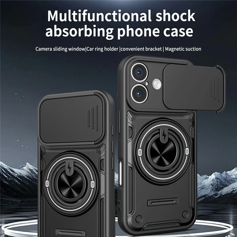For iPhone 17 Case Sliding Camera Cover Ring Kickstand PC + TPU Phone Shell with Tempered Glass Film - Orange