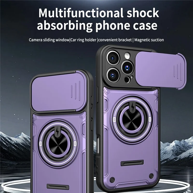 Cover per iPhone 16 Pro con Coperchio Scorrevole per Fotocamera, Supporto ad Anello Girevole a 360°, Custodia in PC + TPU con Pellicola in Vetro Temperato - Viola