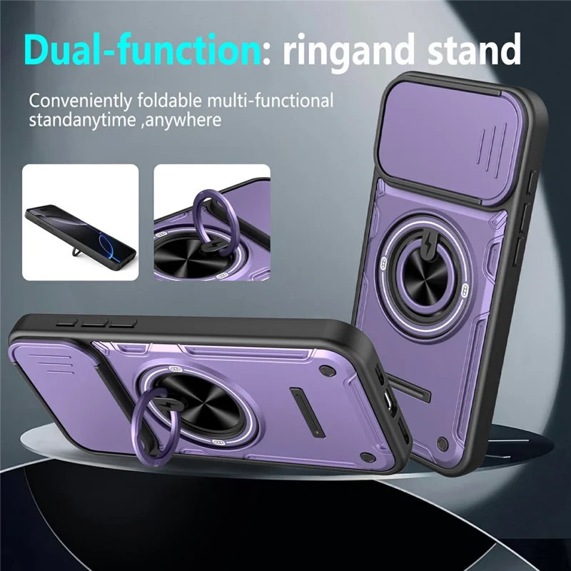 Cover per iPhone 16 Pro con Coperchio Scorrevole per Fotocamera, Supporto ad Anello Girevole a 360°, Custodia in PC + TPU con Pellicola in Vetro Temperato - Viola