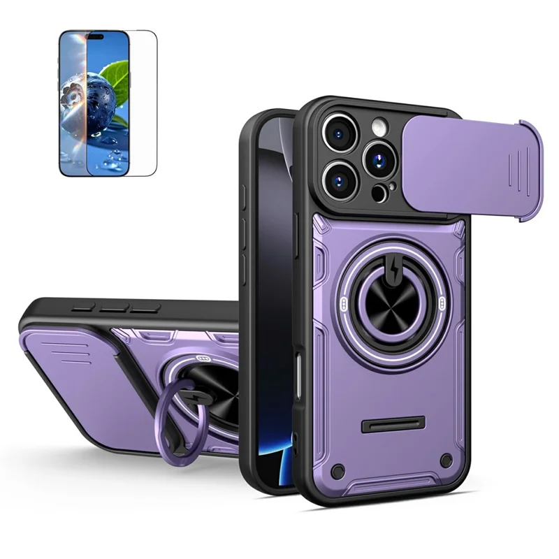 For iPhone 16 Pro Max Case Sliding Camera Cover Ring Kickstand PC + TPU Phone Shell with Tempered Glass Film - Purple