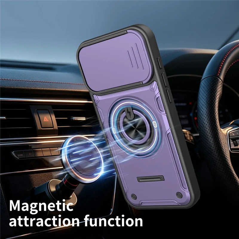 For iPhone 16 Pro Max Case Sliding Camera Cover Ring Kickstand PC + TPU Phone Shell with Tempered Glass Film - Purple