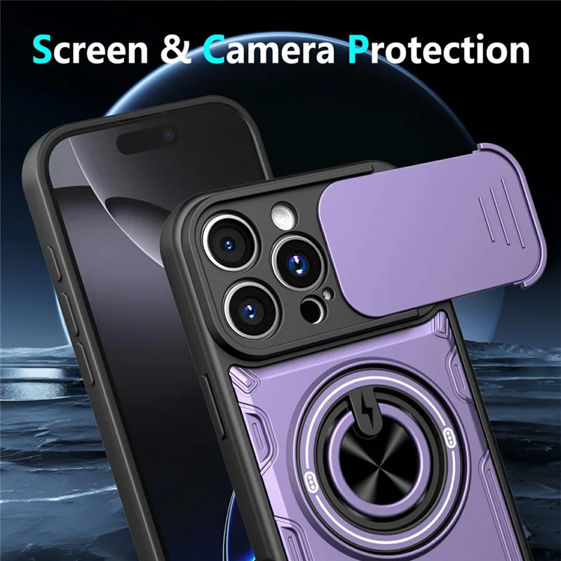 For iPhone 16 Pro Max Case Sliding Camera Cover Ring Kickstand PC + TPU Phone Shell with Tempered Glass Film - Purple