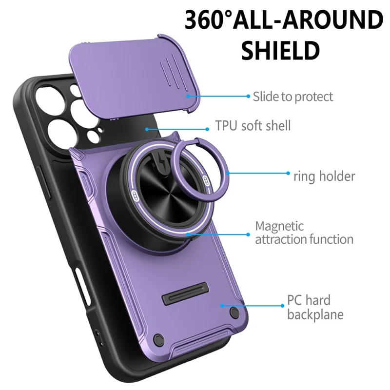 For iPhone 16 Pro Max Case Sliding Camera Cover Ring Kickstand PC + TPU Phone Shell with Tempered Glass Film - Purple