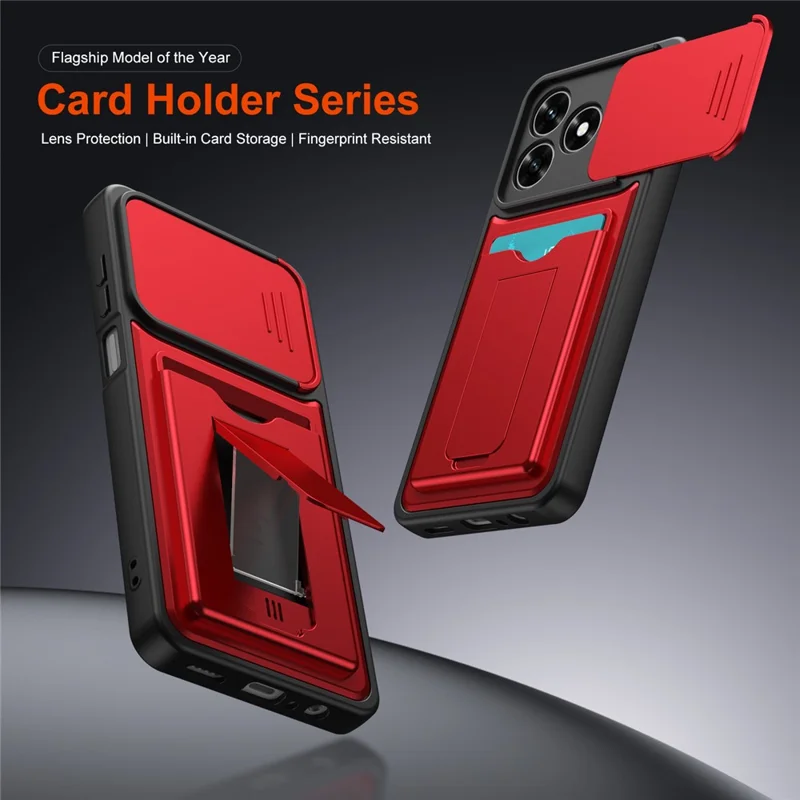 Funda para Honor X5c Plus 4G / X5c 4G con cubierta deslizante para cámara, soporte integrado, carcasa de teléfono PC + TPU con tarjetero - Rojo