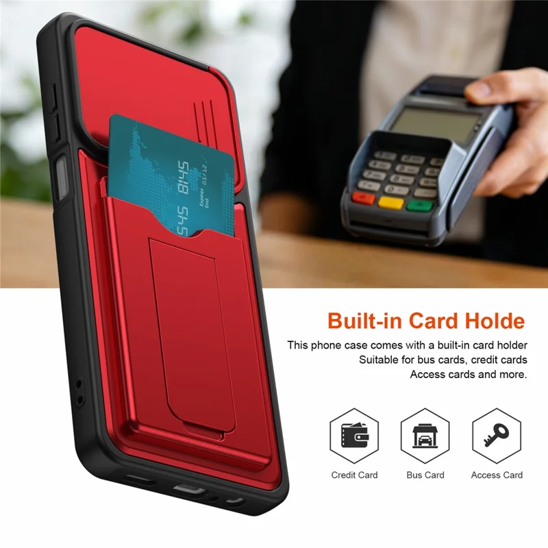Funda para Honor X5c Plus 4G / X5c 4G con cubierta deslizante para cámara, soporte integrado, carcasa de teléfono PC + TPU con tarjetero - Rojo