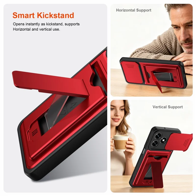 Funda para Honor X5c Plus 4G / X5c 4G con cubierta deslizante para cámara, soporte integrado, carcasa de teléfono PC + TPU con tarjetero - Rojo