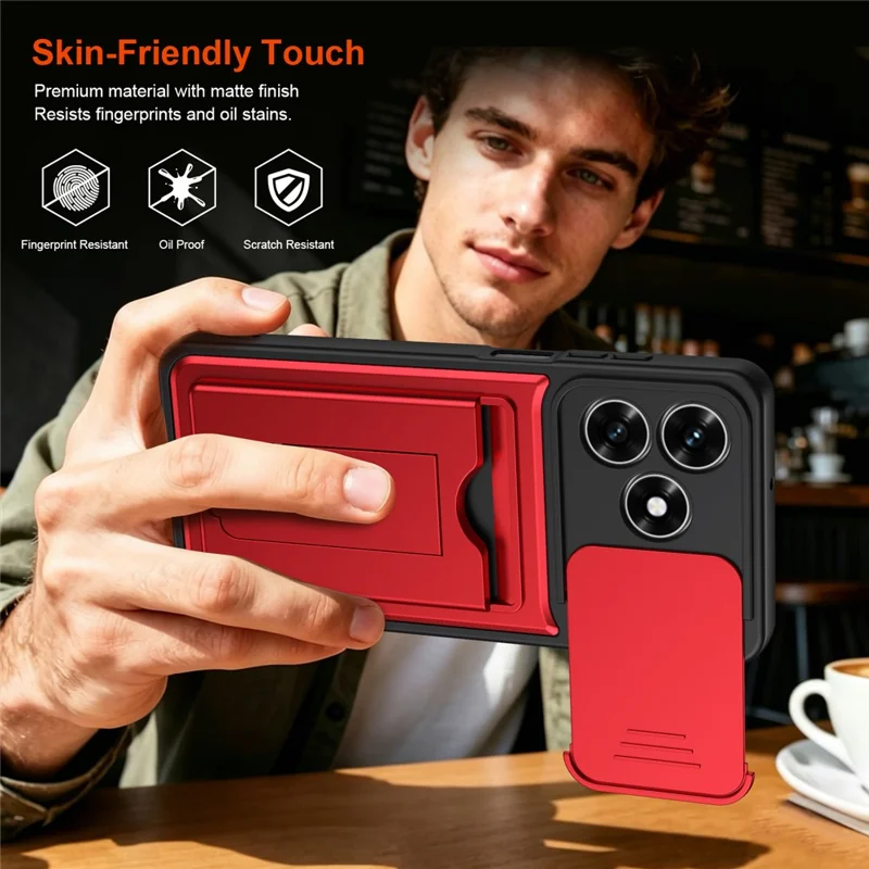 Funda para Honor X5c Plus 4G / X5c 4G con cubierta deslizante para cámara, soporte integrado, carcasa de teléfono PC + TPU con tarjetero - Rojo