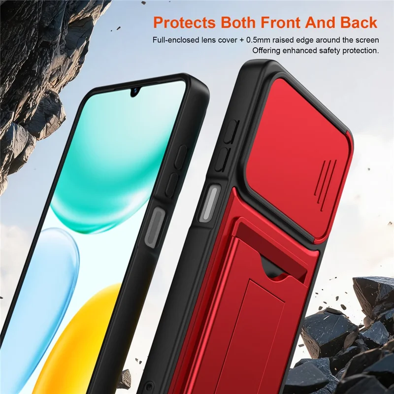 Funda para Honor X5c Plus 4G / X5c 4G con cubierta deslizante para cámara, soporte integrado, carcasa de teléfono PC + TPU con tarjetero - Rojo