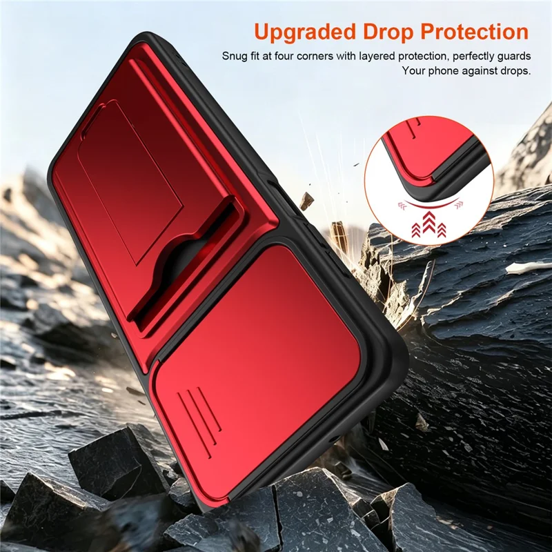 Funda para Honor X5c Plus 4G / X5c 4G con cubierta deslizante para cámara, soporte integrado, carcasa de teléfono PC + TPU con tarjetero - Rojo