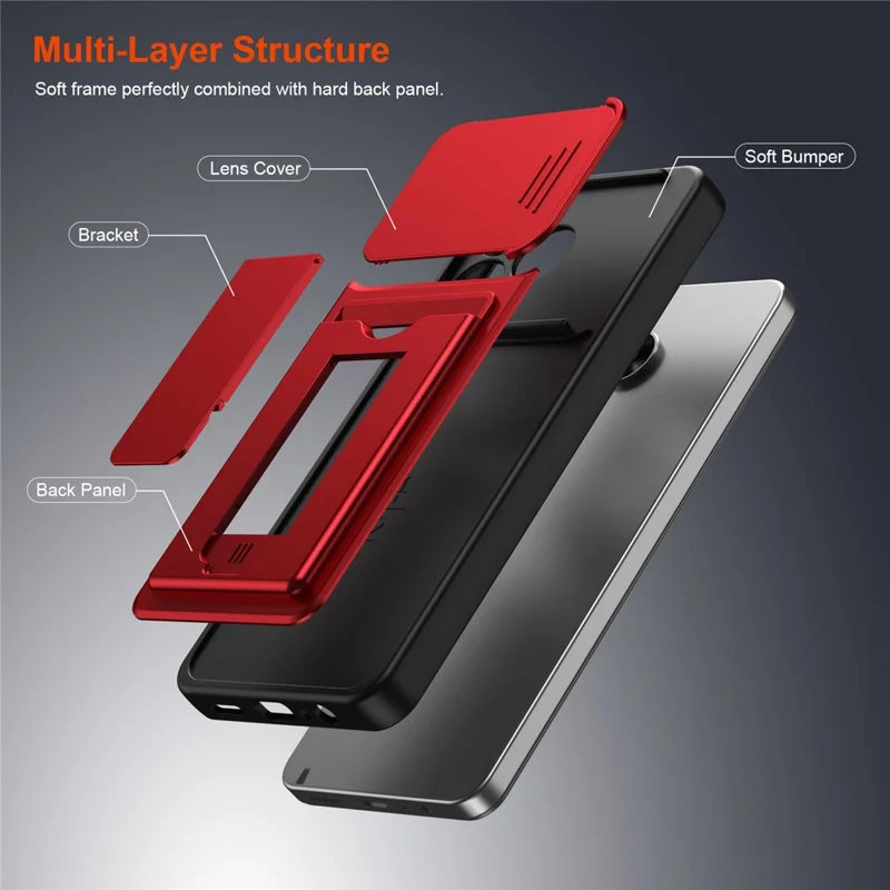 Funda para Honor X5c Plus 4G / X5c 4G con cubierta deslizante para cámara, soporte integrado, carcasa de teléfono PC + TPU con tarjetero - Rojo