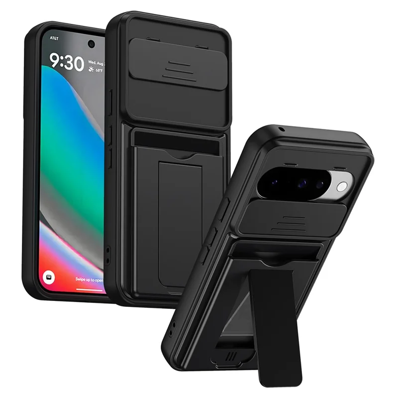 For Google Pixel 10 Pro / Pixel 10 Case Slide Camera Cover Kickstand PC + TPU Phone Shell with Card Holder - Black