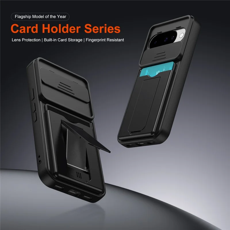 For Google Pixel 10 Pro / Pixel 10 Case Slide Camera Cover Kickstand PC + TPU Phone Shell with Card Holder - Black