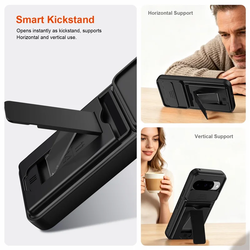 For Google Pixel 10 Pro / Pixel 10 Case Slide Camera Cover Kickstand PC + TPU Phone Shell with Card Holder - Black