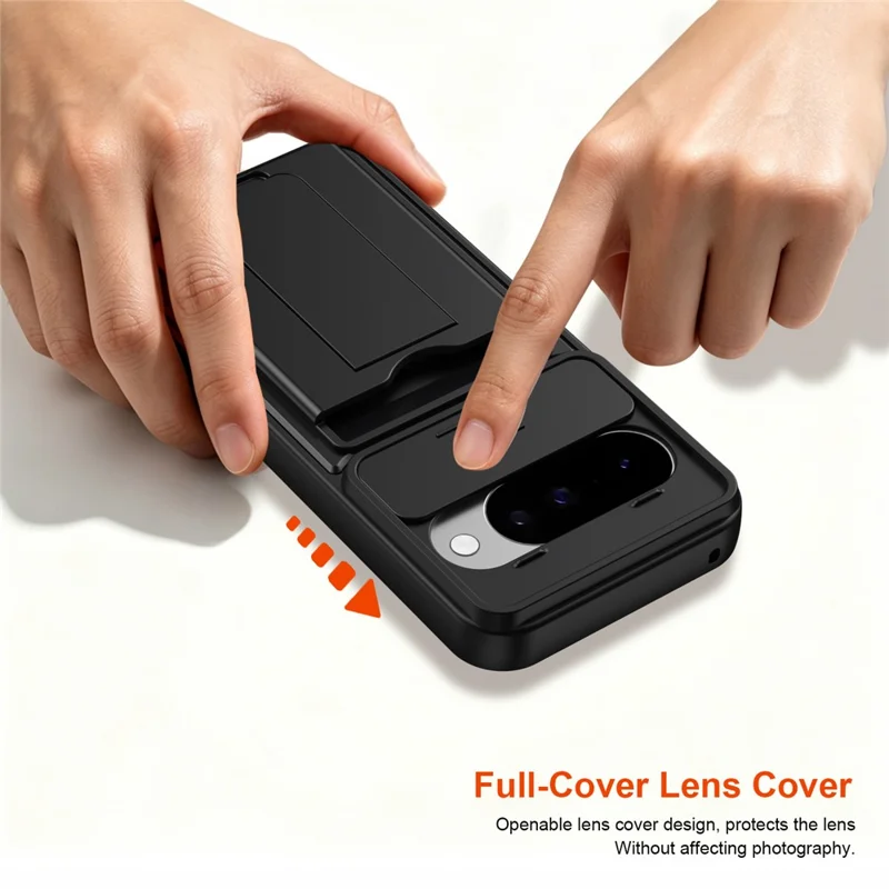 For Google Pixel 10 Pro / Pixel 10 Case Slide Camera Cover Kickstand PC + TPU Phone Shell with Card Holder - Black