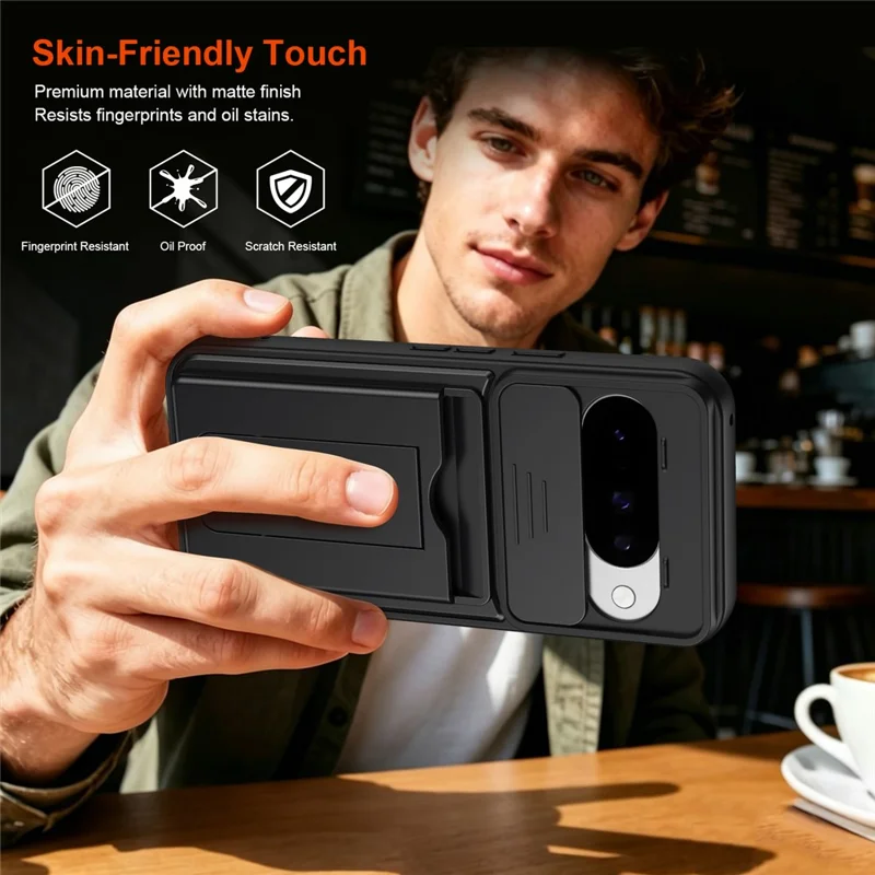 For Google Pixel 10 Pro / Pixel 10 Case Slide Camera Cover Kickstand PC + TPU Phone Shell with Card Holder - Black