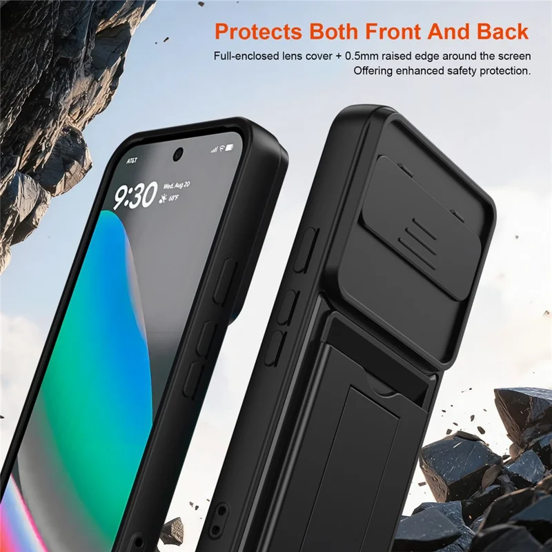 For Google Pixel 10 Pro / Pixel 10 Case Slide Camera Cover Kickstand PC + TPU Phone Shell with Card Holder - Black