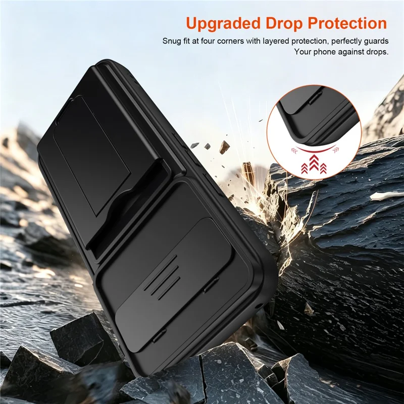 For Google Pixel 10 Pro / Pixel 10 Case Slide Camera Cover Kickstand PC + TPU Phone Shell with Card Holder - Black