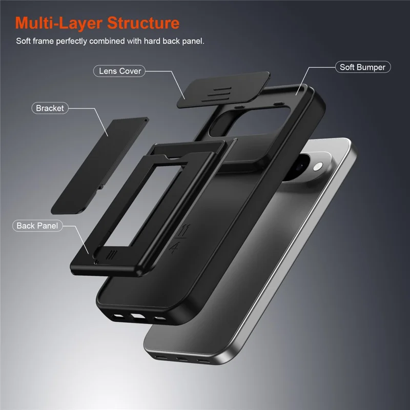 For Google Pixel 10 Pro / Pixel 10 Case Slide Camera Cover Kickstand PC + TPU Phone Shell with Card Holder - Black