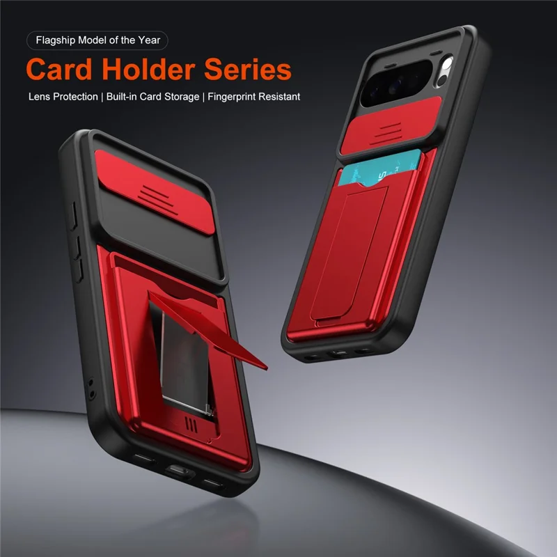 For Google Pixel 10 Pro XL Case Slide Camera Cover Kickstand PC + TPU Phone Shell with Card Holder - Red
