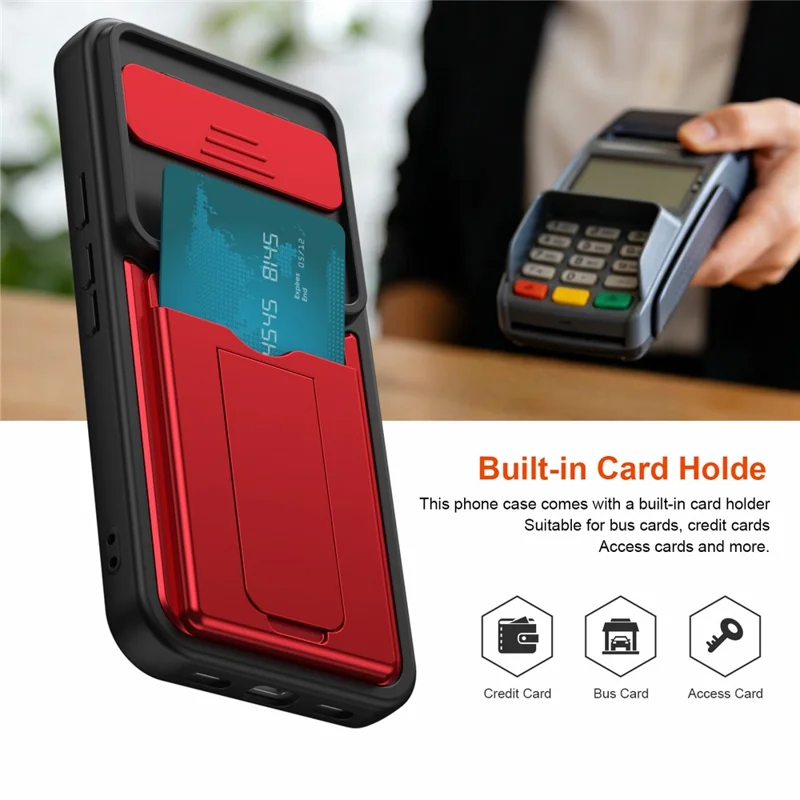 For Google Pixel 10 Pro XL Case Slide Camera Cover Kickstand PC + TPU Phone Shell with Card Holder - Red