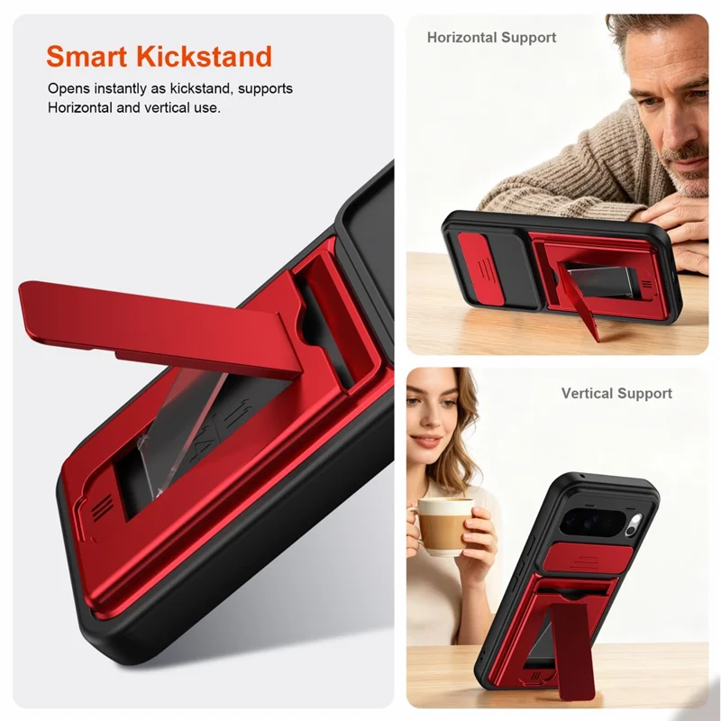 For Google Pixel 10 Pro XL Case Slide Camera Cover Kickstand PC + TPU Phone Shell with Card Holder - Red