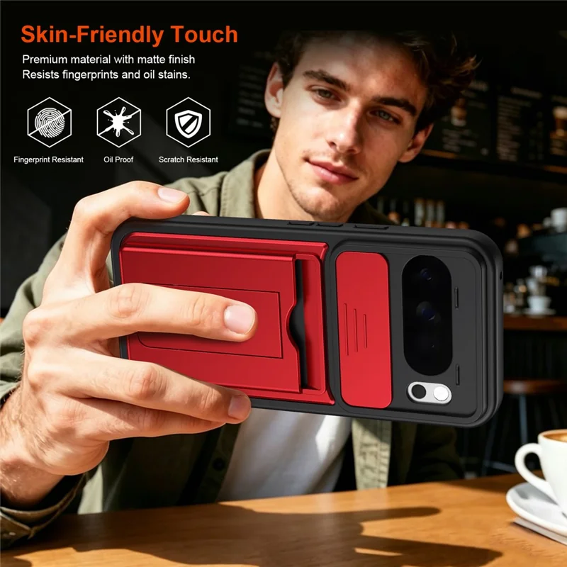 For Google Pixel 10 Pro XL Case Slide Camera Cover Kickstand PC + TPU Phone Shell with Card Holder - Red