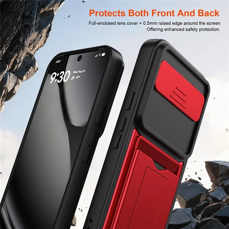 For Google Pixel 10 Pro XL Case Slide Camera Cover Kickstand PC + TPU Phone Shell with Card Holder - Red