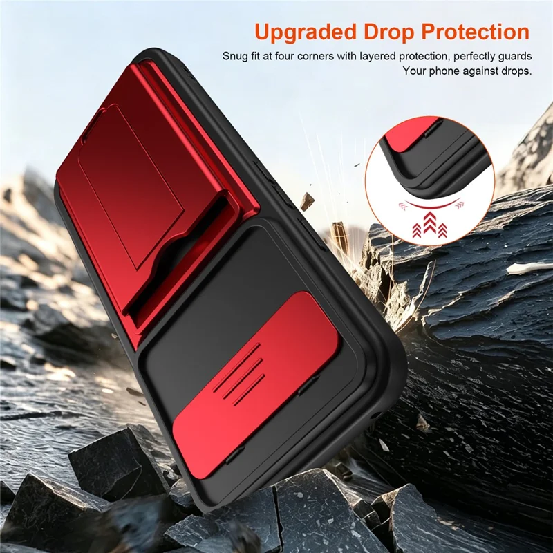 For Google Pixel 10 Pro XL Case Slide Camera Cover Kickstand PC + TPU Phone Shell with Card Holder - Red