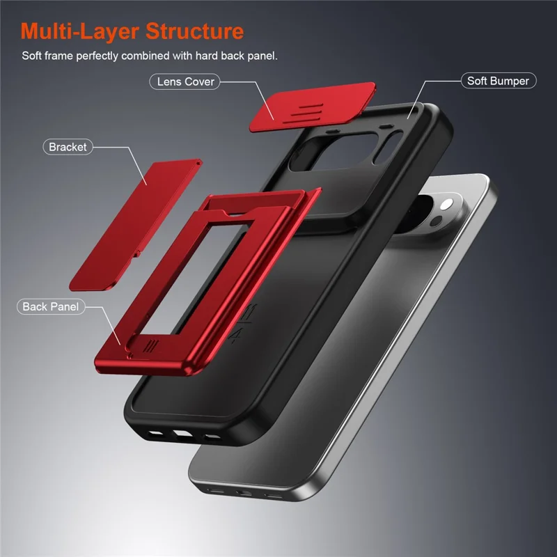 For Google Pixel 10 Pro XL Case Slide Camera Cover Kickstand PC + TPU Phone Shell with Card Holder - Red