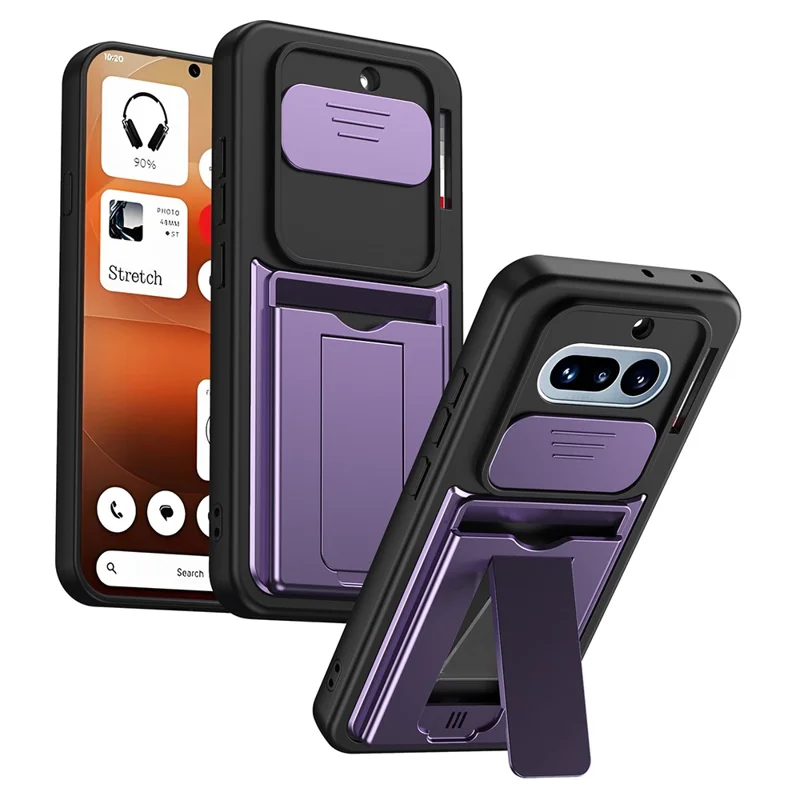 For Nothing Phone (4a) Case Slide Camera Cover Kickstand PC + TPU Phone Shell with Card Holder - Purple