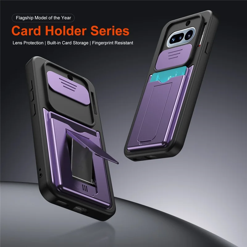 For Nothing Phone (4a) Case Slide Camera Cover Kickstand PC + TPU Phone Shell with Card Holder - Purple