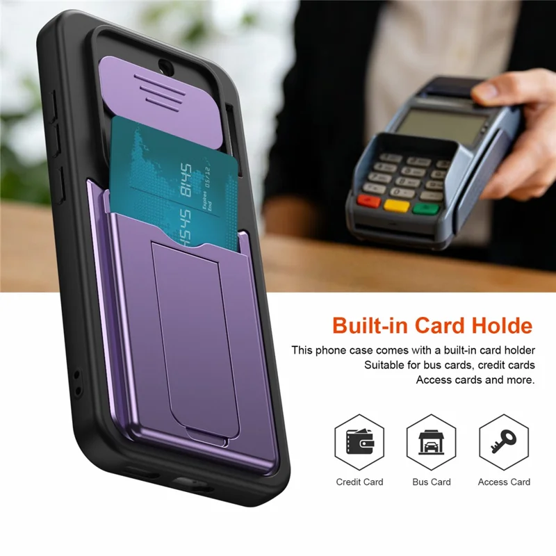 For Nothing Phone (4a) Case Slide Camera Cover Kickstand PC + TPU Phone Shell with Card Holder - Purple