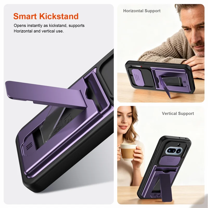 For Nothing Phone (4a) Case Slide Camera Cover Kickstand PC + TPU Phone Shell with Card Holder - Purple