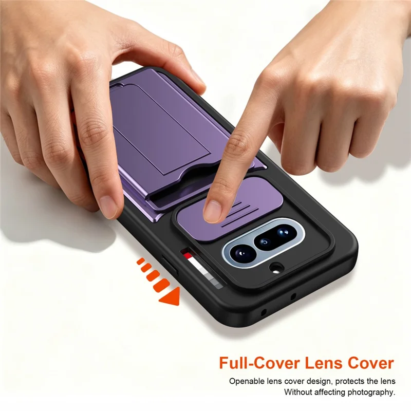 For Nothing Phone (4a) Case Slide Camera Cover Kickstand PC + TPU Phone Shell with Card Holder - Purple