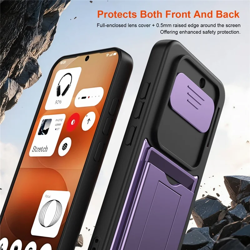 For Nothing Phone (4a) Case Slide Camera Cover Kickstand PC + TPU Phone Shell with Card Holder - Purple