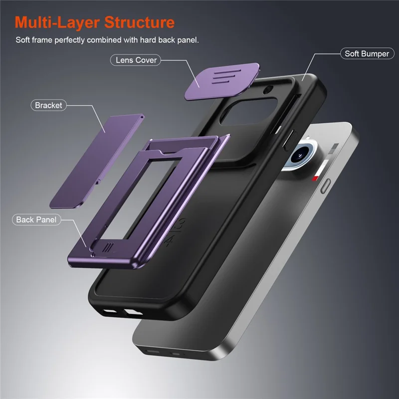 For Nothing Phone (4a) Case Slide Camera Cover Kickstand PC + TPU Phone Shell with Card Holder - Purple