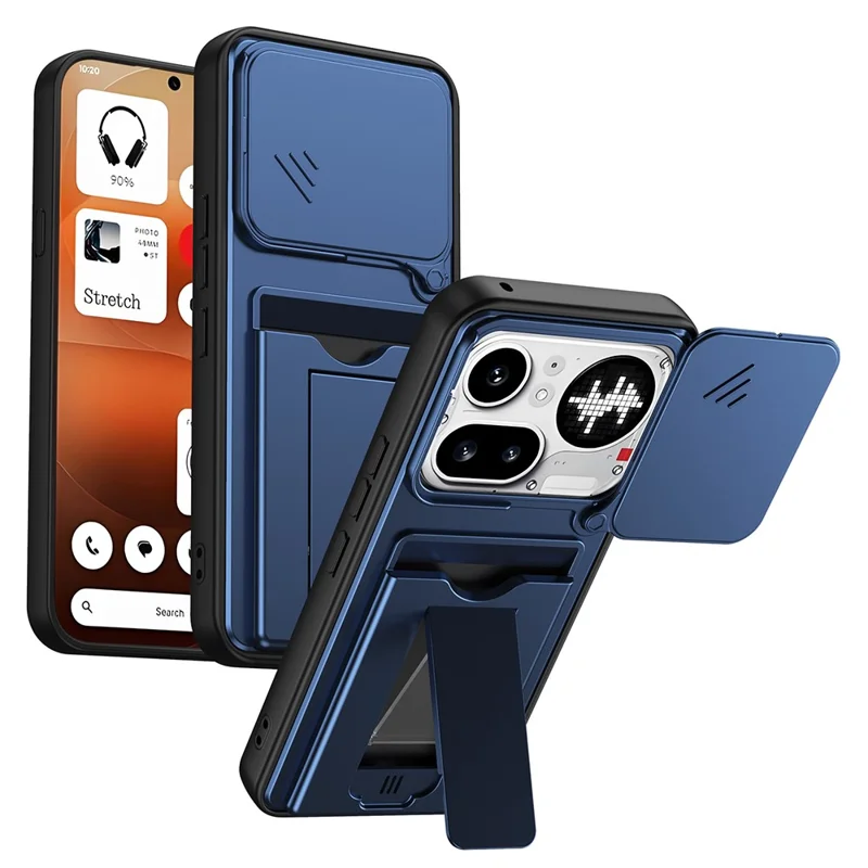 For Nothing Phone (4a) Pro Case Slide Camera Cover Kickstand PC + TPU Phone Shell with Card Holder - Blue