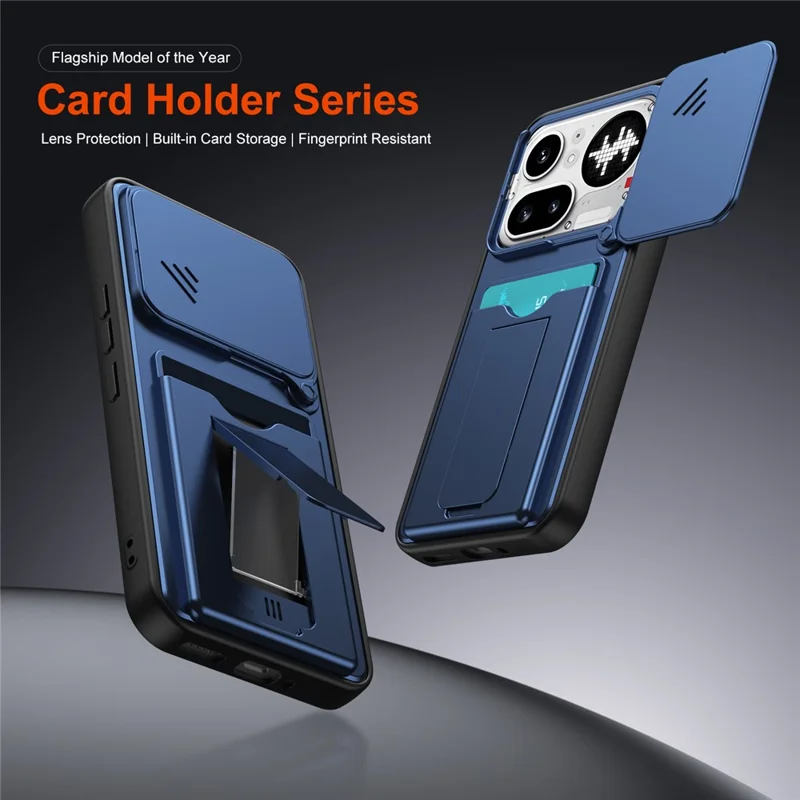 For Nothing Phone (4a) Pro Case Slide Camera Cover Kickstand PC + TPU Phone Shell with Card Holder - Blue