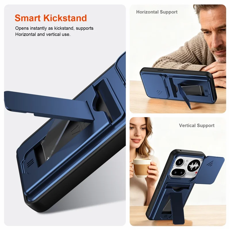 For Nothing Phone (4a) Pro Case Slide Camera Cover Kickstand PC + TPU Phone Shell with Card Holder - Blue