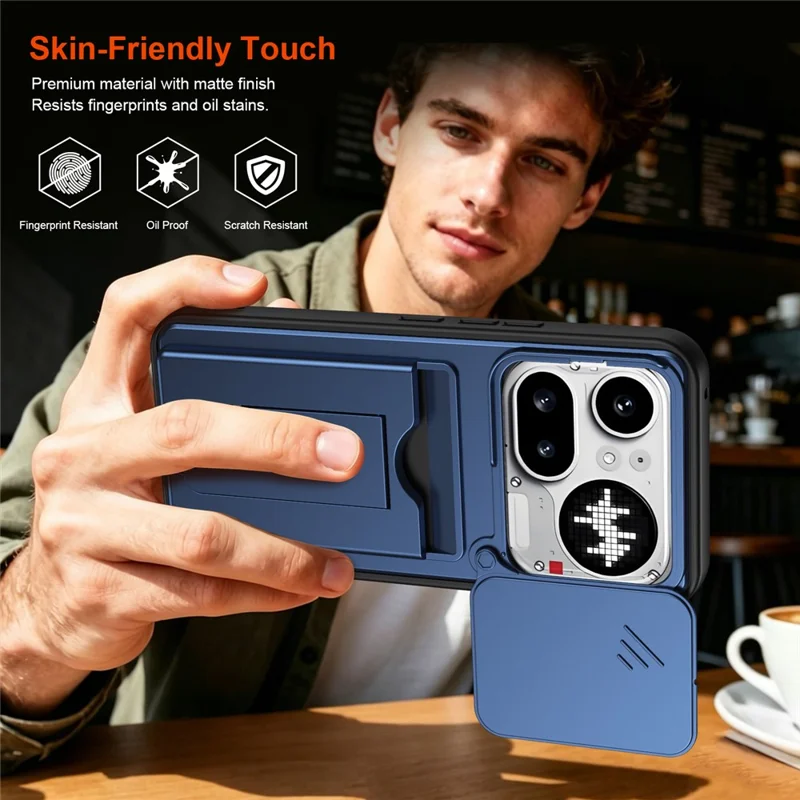 For Nothing Phone (4a) Pro Case Slide Camera Cover Kickstand PC + TPU Phone Shell with Card Holder - Blue