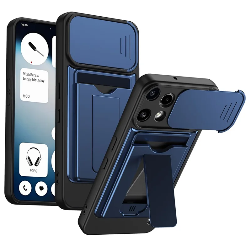 For Nothing Phone (3a) Lite 5G Case Slide Camera Cover Kickstand PC + TPU Phone Shell with Card Holder - Blue