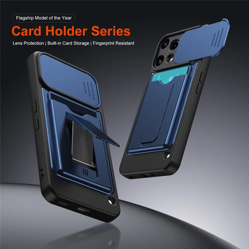 For Nothing Phone (3a) Lite 5G Case Slide Camera Cover Kickstand PC + TPU Phone Shell with Card Holder - Blue