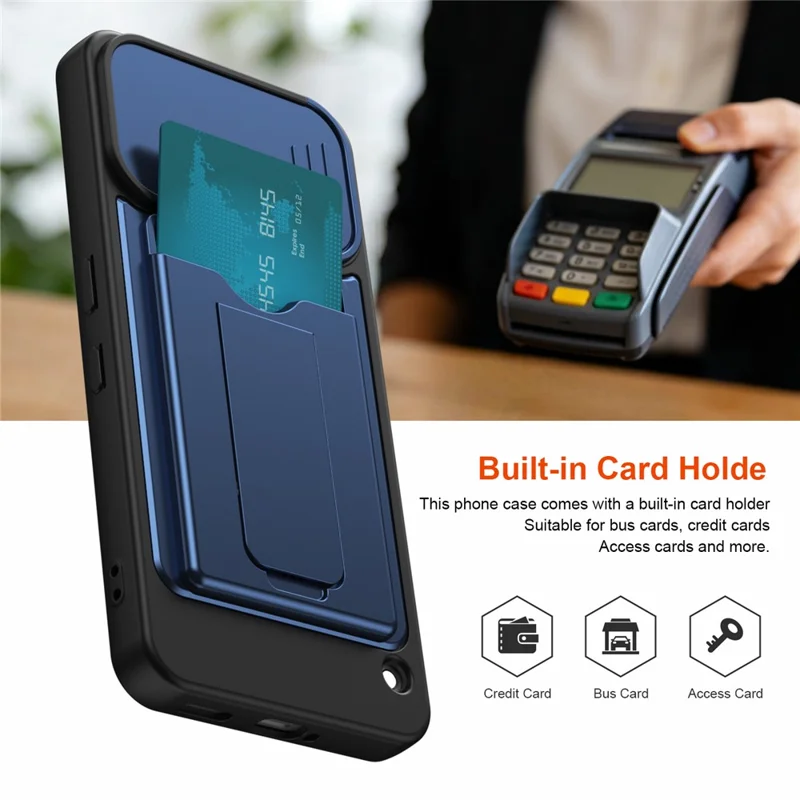 For Nothing Phone (3a) Lite 5G Case Slide Camera Cover Kickstand PC + TPU Phone Shell with Card Holder - Blue