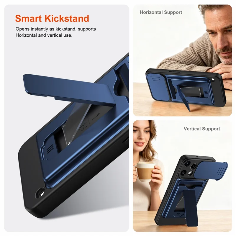 For Nothing Phone (3a) Lite 5G Case Slide Camera Cover Kickstand PC + TPU Phone Shell with Card Holder - Blue