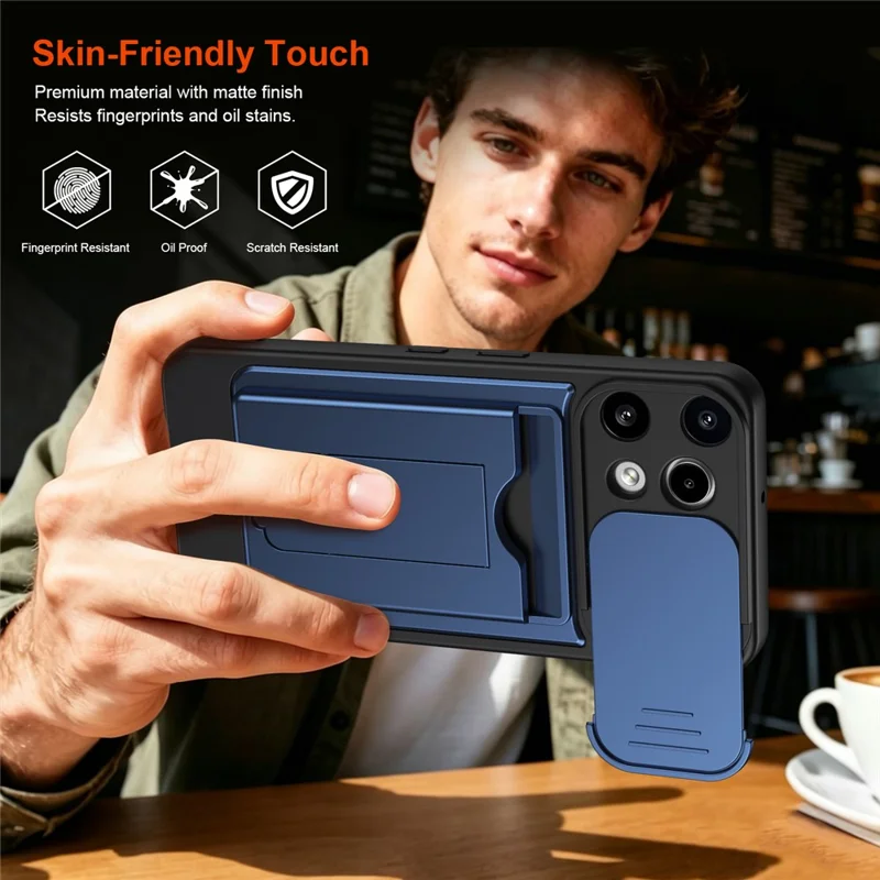 For Nothing Phone (3a) Lite 5G Case Slide Camera Cover Kickstand PC + TPU Phone Shell with Card Holder - Blue