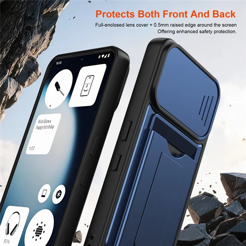 For Nothing Phone (3a) Lite 5G Case Slide Camera Cover Kickstand PC + TPU Phone Shell with Card Holder - Blue