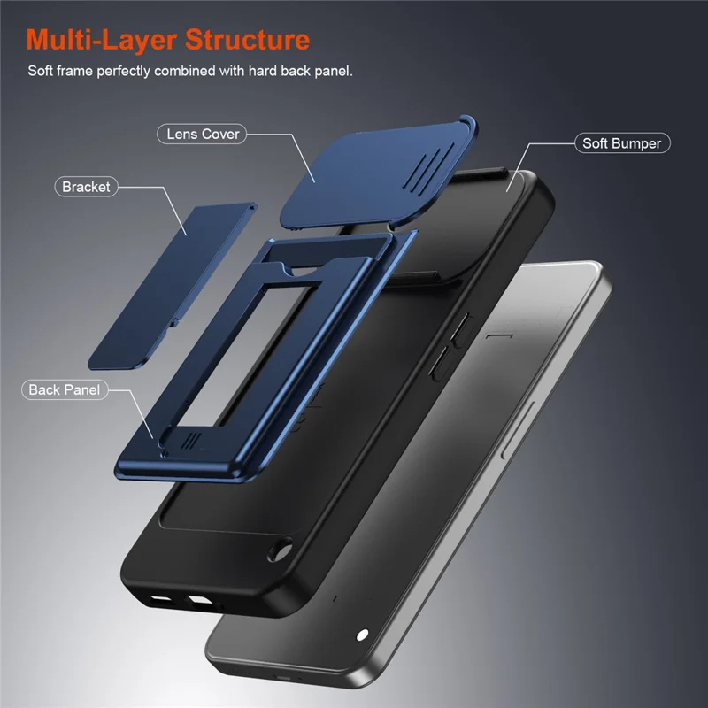 For Nothing Phone (3a) Lite 5G Case Slide Camera Cover Kickstand PC + TPU Phone Shell with Card Holder - Blue