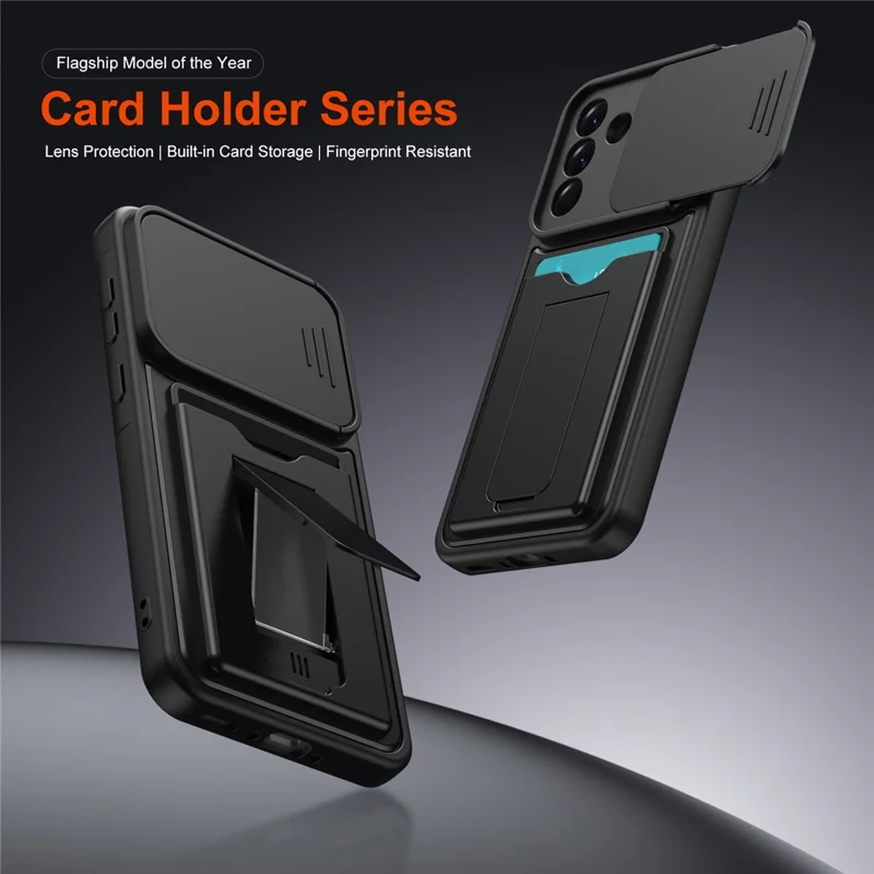 For Samsung Galaxy A26 5G Case Slide Camera Cover Kickstand PC + TPU Phone Shell with Card Holder - Black